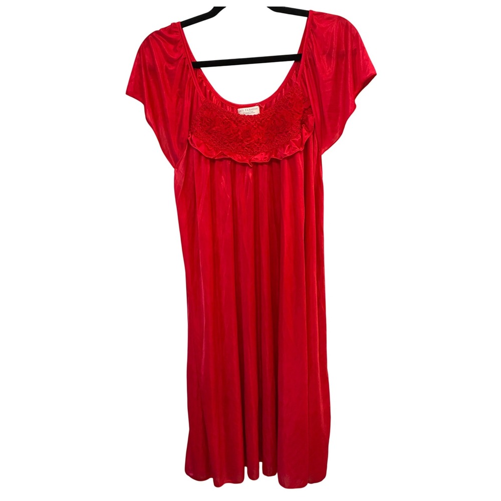 Lati Fashion Nightgown Mumu Sz XL Vibrant Red Lace Rosette Ruffle Flutter Sleeve